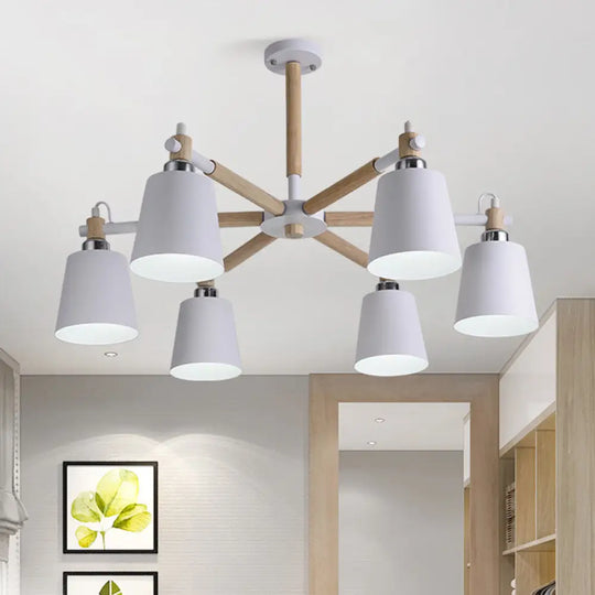 Nordic Metal Chandelier Light With 6 Bulbs & Wooden Arm - Black/White Suspension Lamp For Living