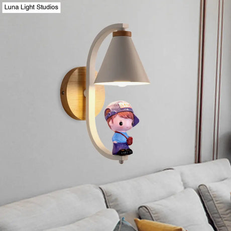 Nordic Metal Cone Shade Wall Lighting - 1 Light Black/White Finish Mount Lamp With Charming Boy Deco