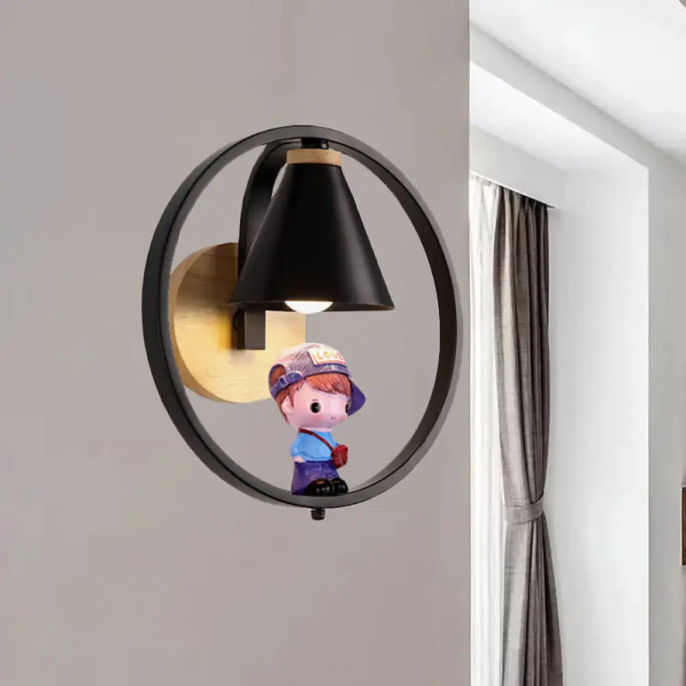 Nordic Metal Cone Shade Wall Lighting - 1 Light Black/White Finish Mount Lamp With Charming Boy Deco