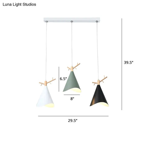 Nordic Metal Conical Multi-Ceiling Light With 3 Bulbs - White-Wood Drop Pendant Wavy Edge And Antler