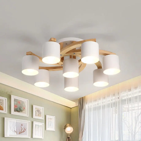 Nordic Metal Flush Mount Light For Living Room Villa - Cylinder Shade Semi Ceiling Lamp 8 / White