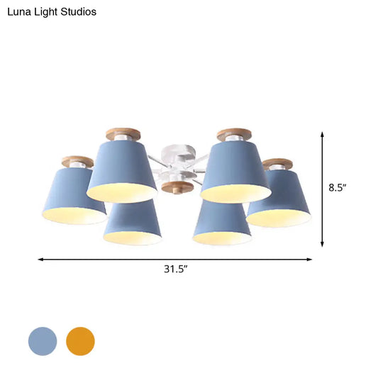 Nordic Metal Flushmount Ceiling Lamp - 6 Heads With Yellow/Blue Shades