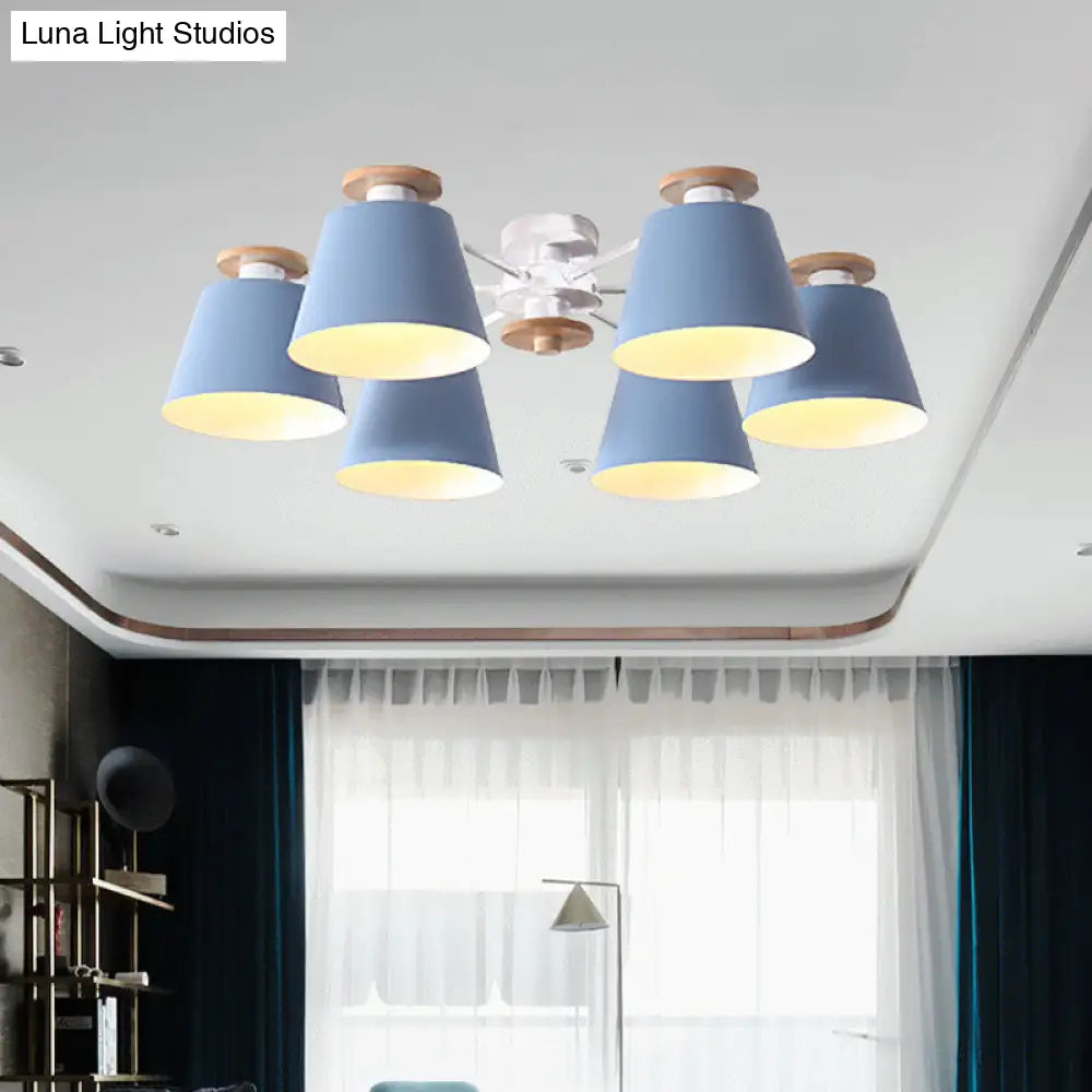 Nordic Metal Flushmount Ceiling Lamp - 6 Heads With Yellow/Blue Shades Blue