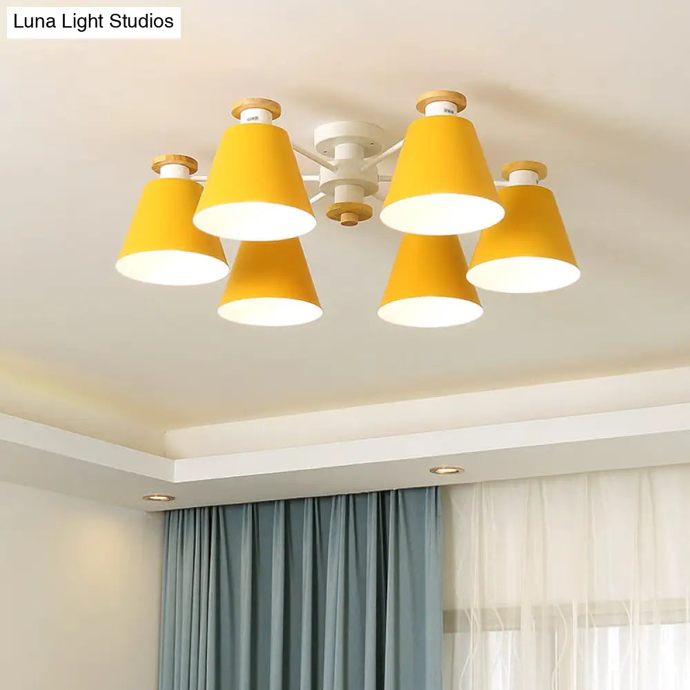 Nordic Metal Flushmount Ceiling Lamp - 6 Heads With Yellow/Blue Shades