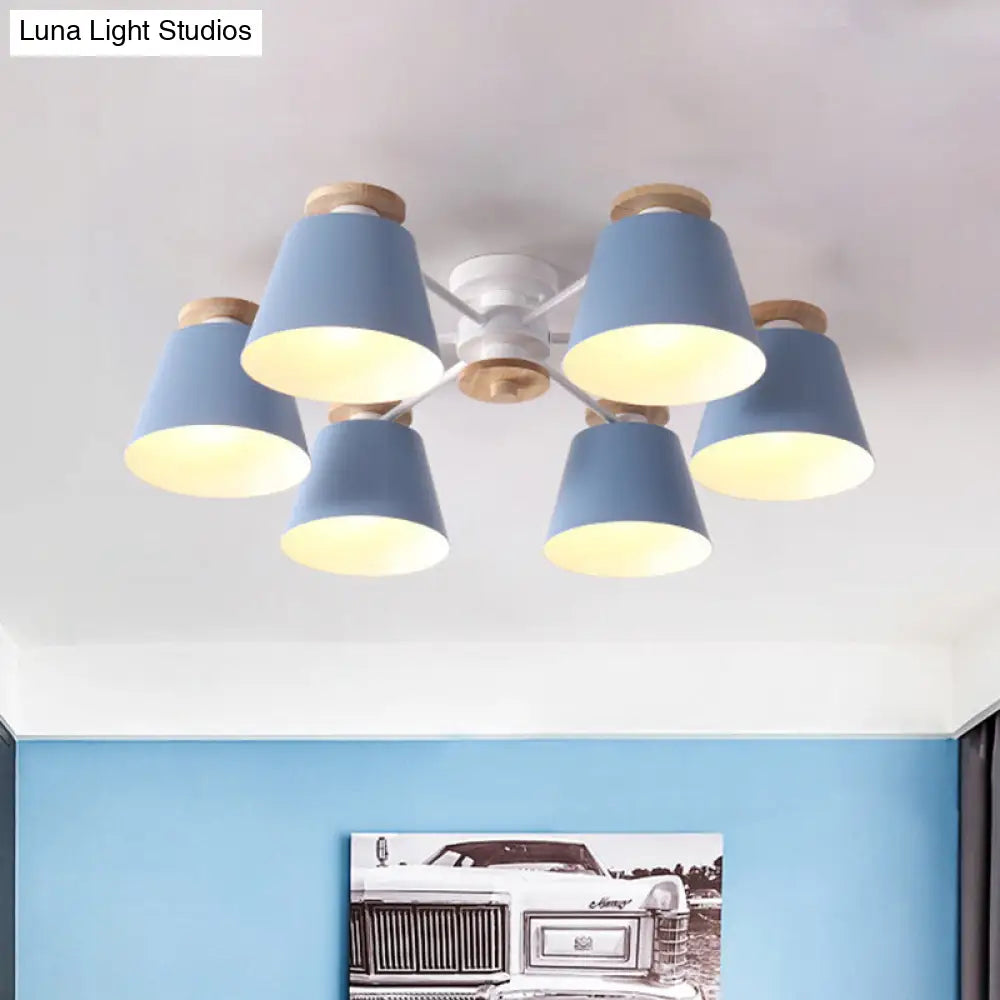 Nordic Metal Flushmount Ceiling Lamp - 6 Heads With Yellow/Blue Shades