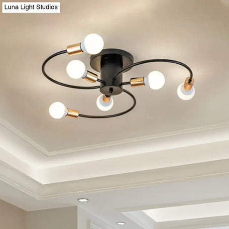 Nordic Metal Gold/Black Swirl Semi Flush Mount Ceiling Light - 6 Lights For Living Room