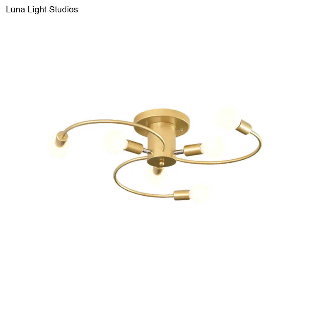 Nordic Metal Gold/Black Swirl Semi Flush Mount Ceiling Light - 6 Lights For Living Room