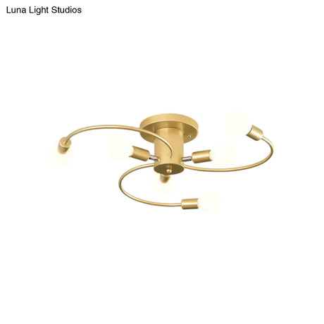 Nordic Metal Gold/Black Swirl Semi Flush Mount Ceiling Light - 6 Lights For Living Room