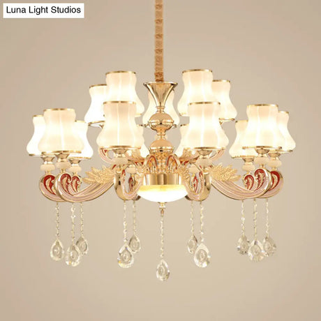 Nordic Metal Hanging Pendant Light With Scrolled Arm And Flared Glass Shade In Gold - Ideal For