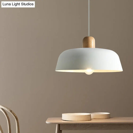 Nordic Metal Pendant Lamp With Wood Top And 1 Light - Flat-Bowl Shape In Black White