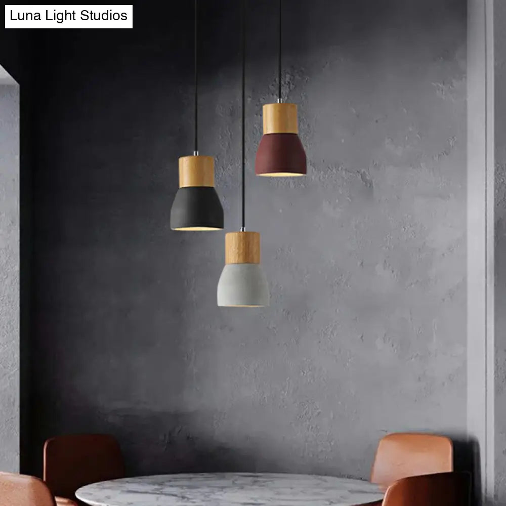 Nordic Mini Pendant Light With Cement Shade And Wood Top - Single-Bulb Ceiling Fixture For
