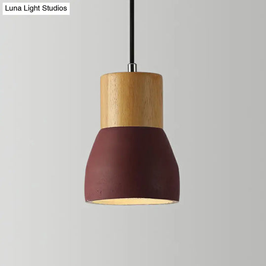 Nordic Cement Mini Pendant Ceiling Light With Wooden Top - Single-Bulb Restaurant Lighting Burgundy