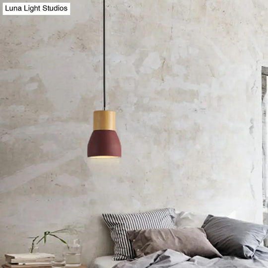 Nordic Mini Pendant Light With Cement Shade And Wood Top - Single-Bulb Ceiling Fixture For