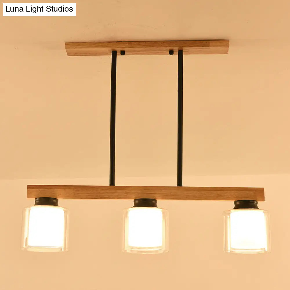 Nordic Modern Wood Island Pendant With Glass Lampshade Hanging Lamp 3 / Black