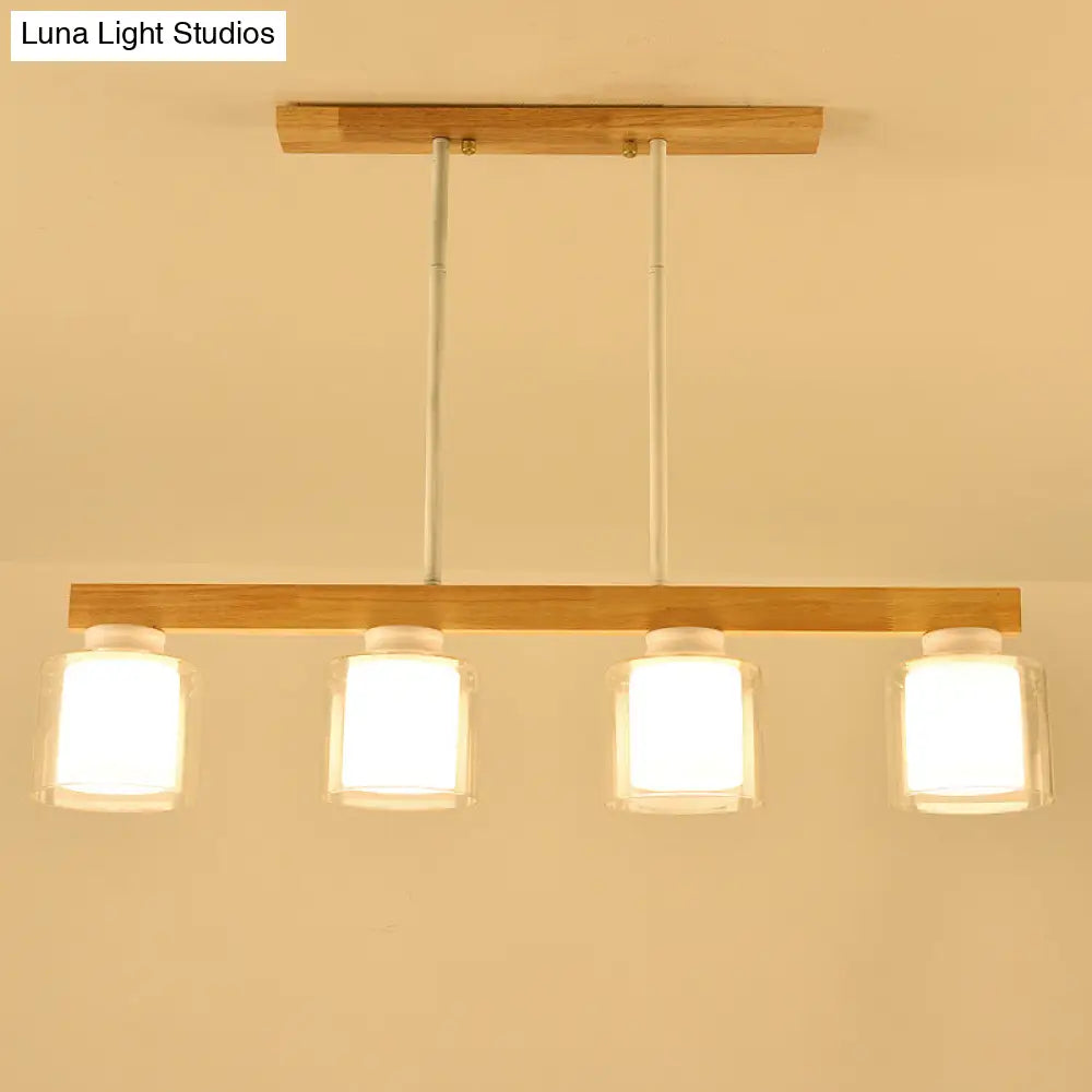 Nordic Modern Wood Island Pendant With Glass Lampshade Hanging Lamp 4 / White