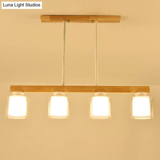 Nordic Modern Wood Island Pendant With Glass Lampshade Hanging Lamp 4 / White