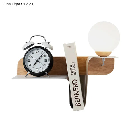 Nordic Opal Frosted Glass Sconce: Orb 1 Bulb Wall Mounted Lamp With White-Wood Shelf (Left/Right)