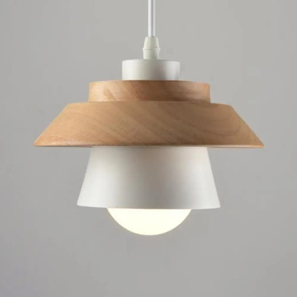 Nordic Saucer Cup Hanging Lamp - Metal & Wood Pendant Light Fixture White