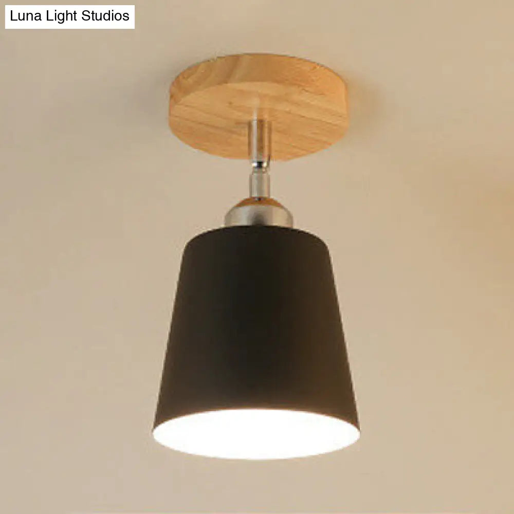 Nordic Semi-Flush Mount Ceiling Light With Tapered Shade In Black/White 1 Bulb Wooden Canopy Black