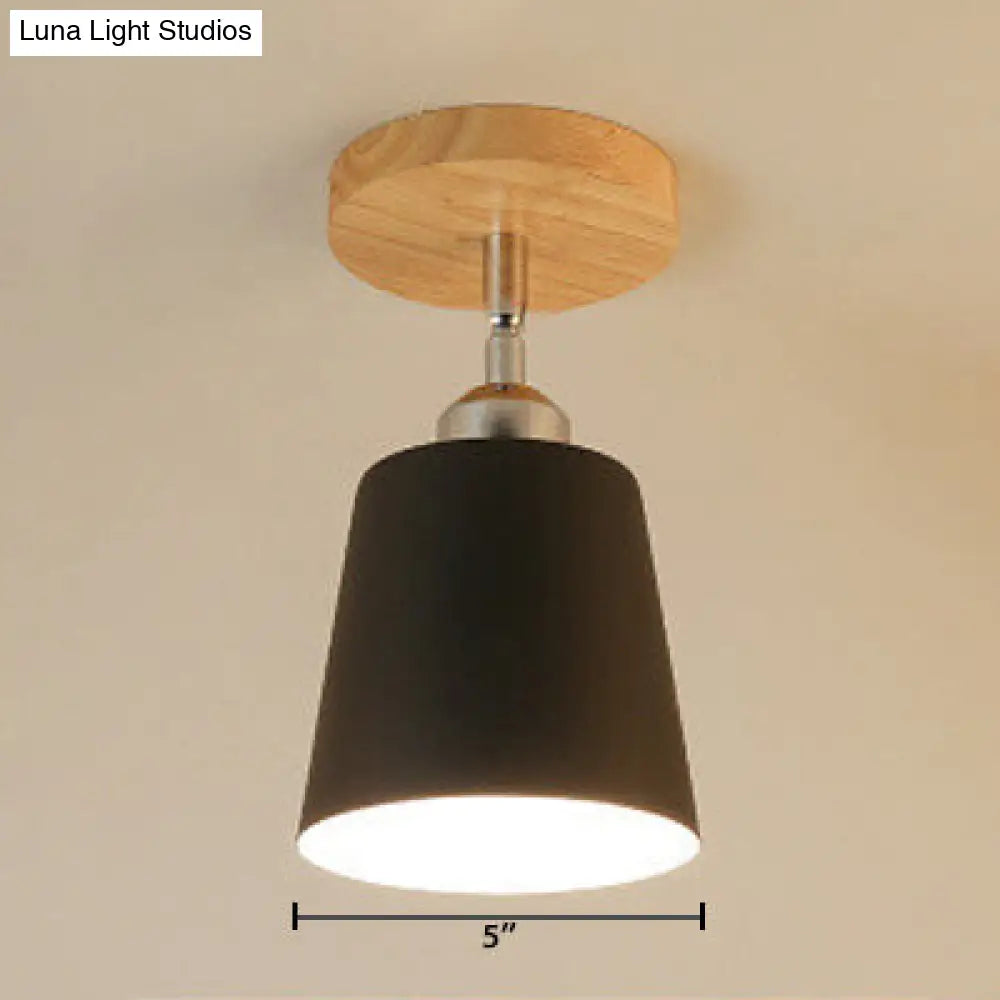 Nordic Semi-Flush Mount Ceiling Light With Tapered Shade In Black/White 1 Bulb Wooden Canopy