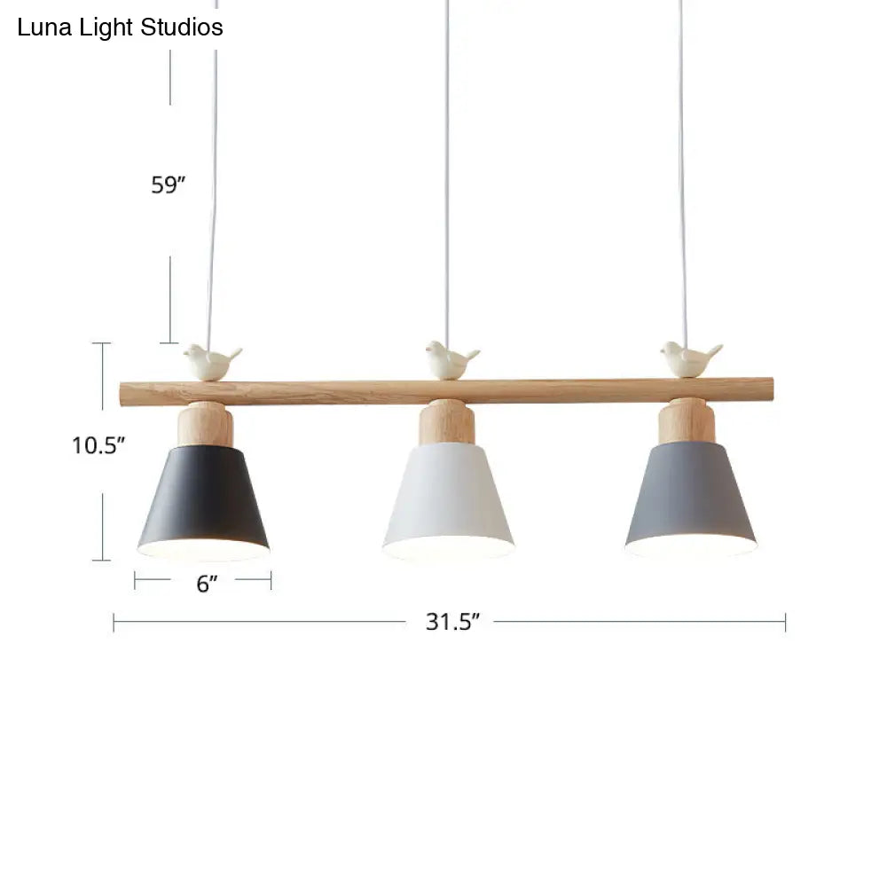 Nordic Shaded Hanging Island Light Metal Pendant With Bird Decor - 3-Head Dining Room Drop
