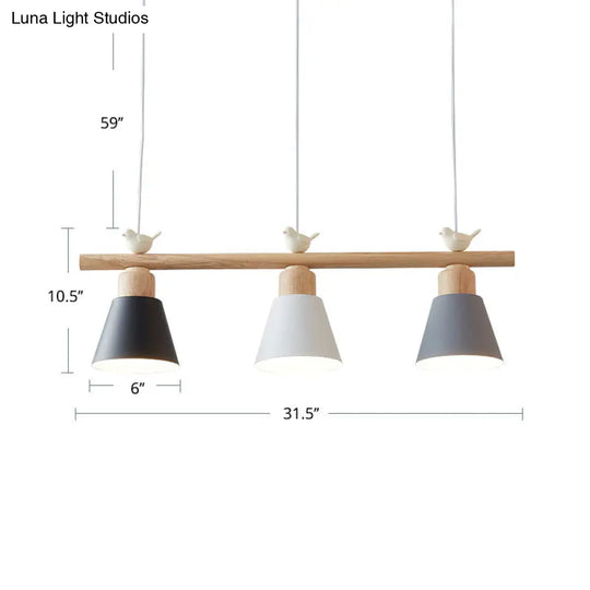 Nordic Shaded Hanging Island Light Metal Pendant With Bird Decor - 3-Head Dining Room Drop