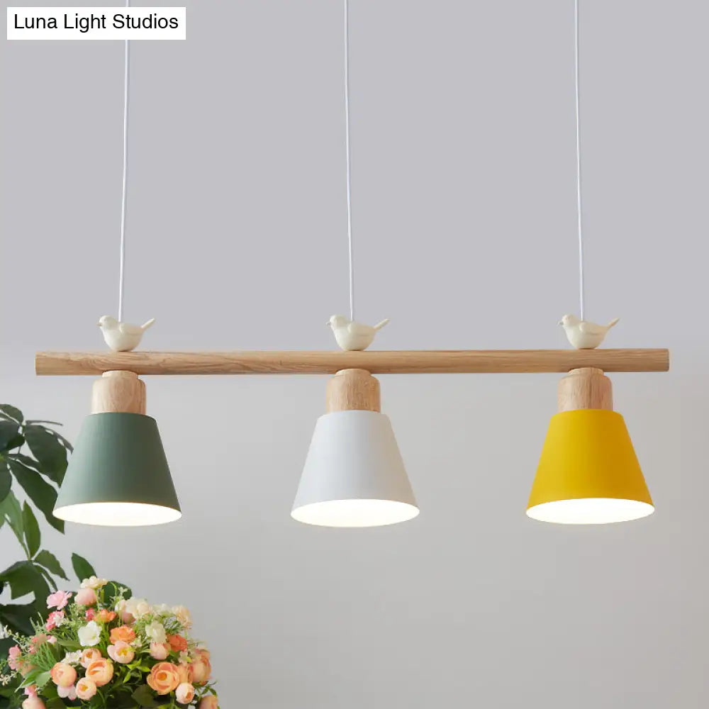 Nordic Shaded Hanging Island Light Metal Pendant With Bird Decor - 3-Head Dining Room Drop