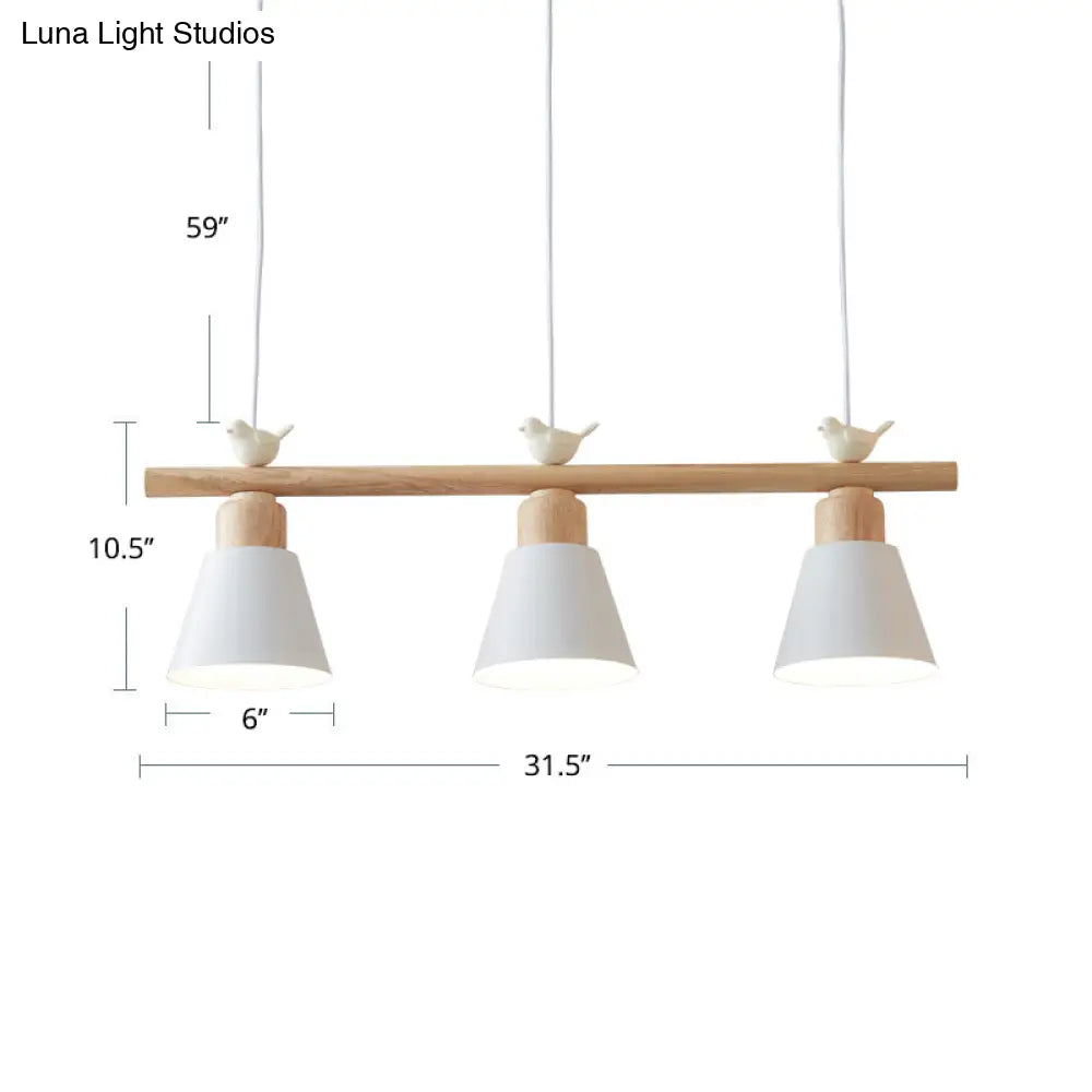 Nordic Shaded Hanging Island Light Metal Pendant With Bird Decor - 3-Head Dining Room Drop