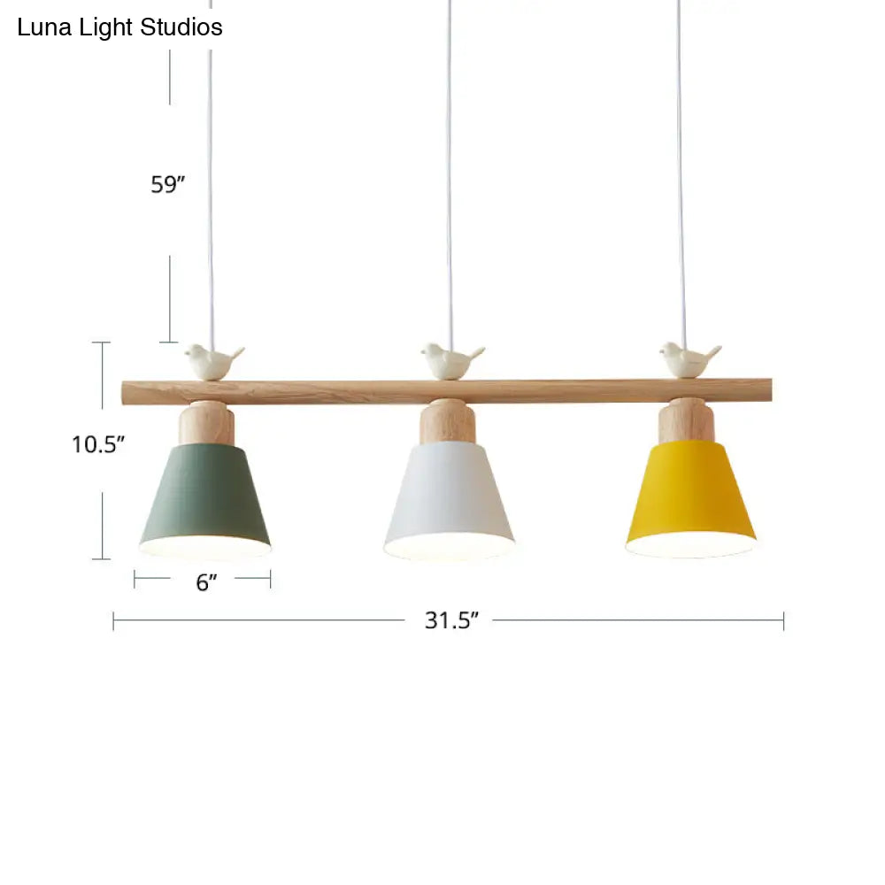 Nordic Shaded Hanging Island Light Metal Pendant With Bird Decor - 3-Head Dining Room Drop