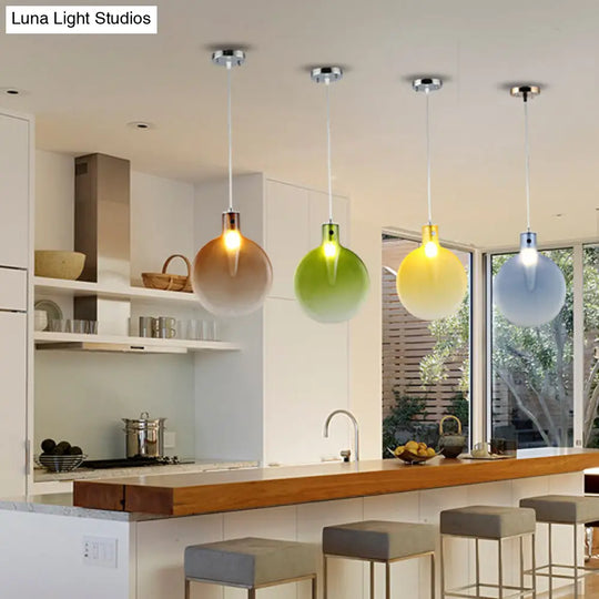 Nordic Glass Suspension Pendant - 1 Light Sliver Ball Hanging Ceiling In Brown/Green/Yellow For