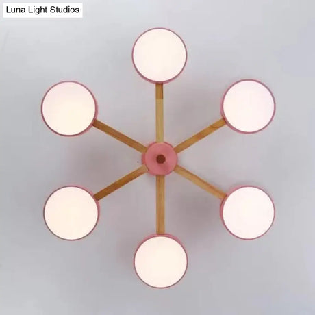 Nordic Snowflake Chandelier: Acrylic Wood Hanging Light Pink & Green - Ideal For Kindergarten