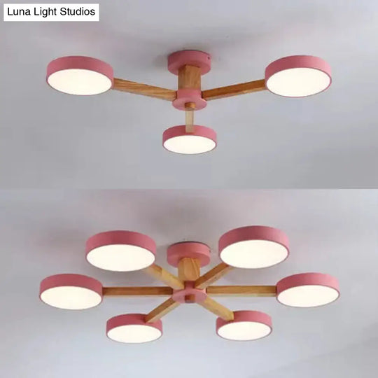 Nordic Snowflake Chandelier: Acrylic Wood Hanging Light Pink & Green - Ideal For Kindergarten
