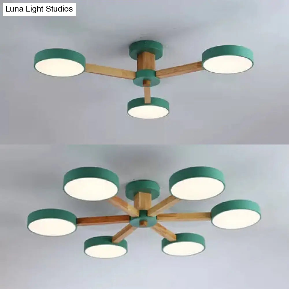 Nordic Snowflake Chandelier: Acrylic Wood Hanging Light Pink & Green - Ideal For Kindergarten