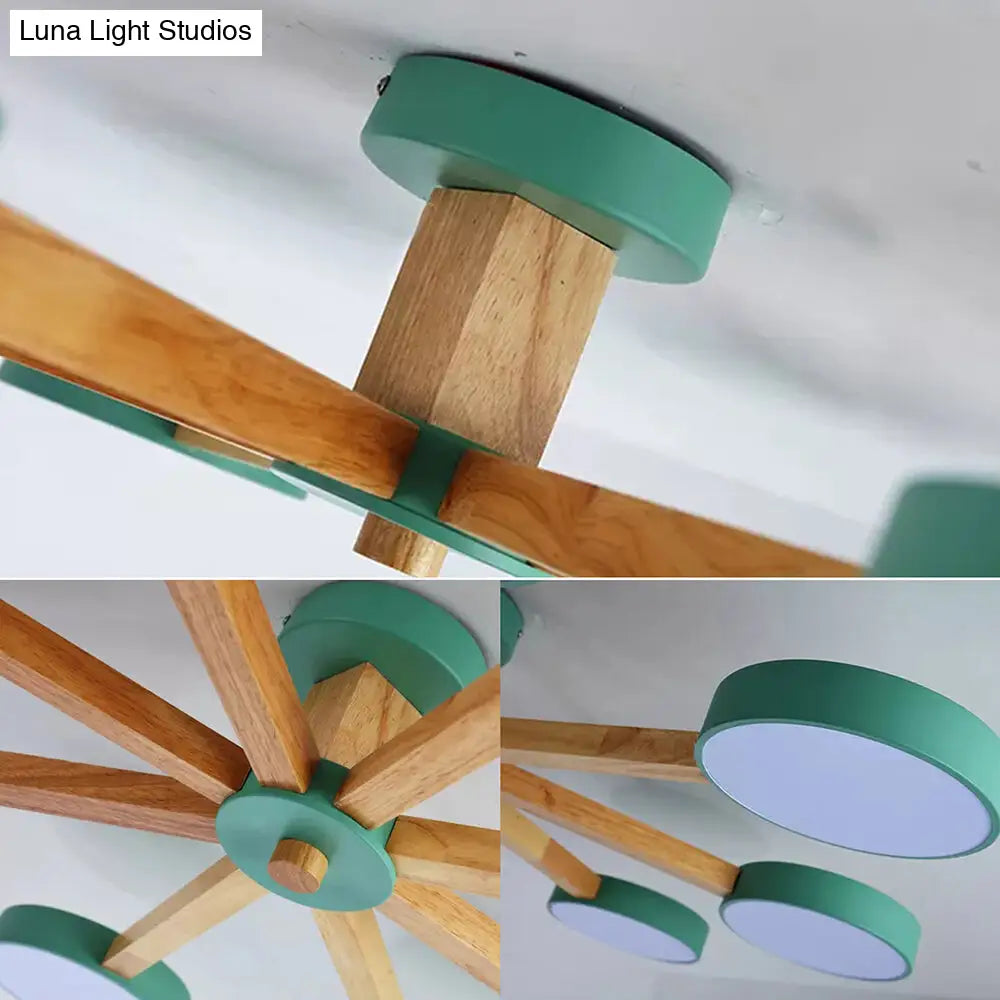 Nordic Snowflake Chandelier: Acrylic Wood Hanging Light Pink & Green - Ideal For Kindergarten