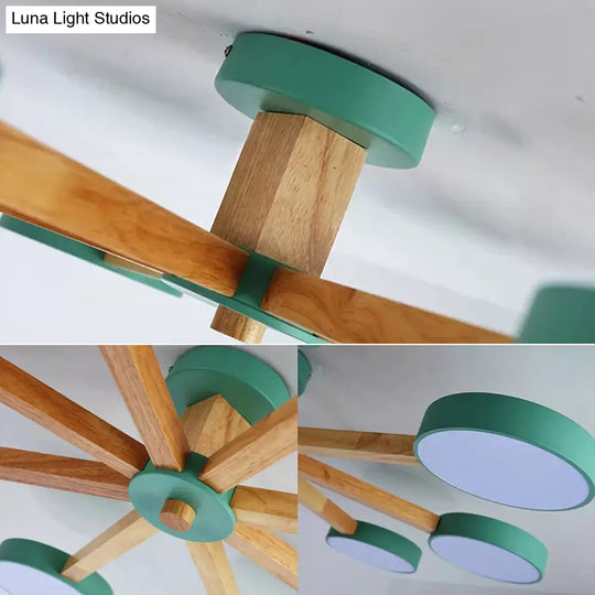 Nordic Snowflake Chandelier: Acrylic Wood Hanging Light Pink & Green - Ideal For Kindergarten