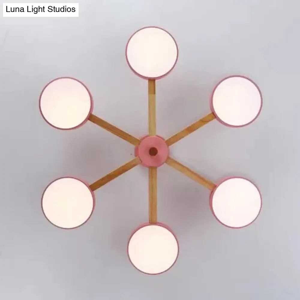 Nordic Snowflake Chandelier: Acrylic Wood Hanging Light Pink & Green - Ideal For Kindergarten