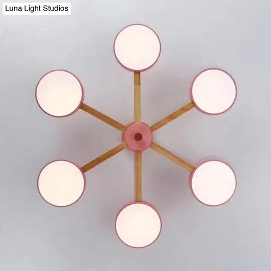 Nordic Snowflake Chandelier: Acrylic Wood Hanging Light Pink & Green - Ideal For Kindergarten