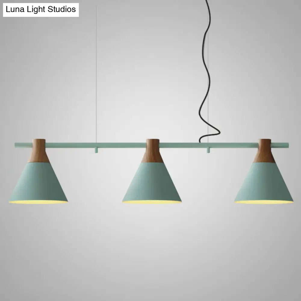 Nordic Style Adjustable Hanging Pendant Light With 3 Conical Metal Shades In Wood Green