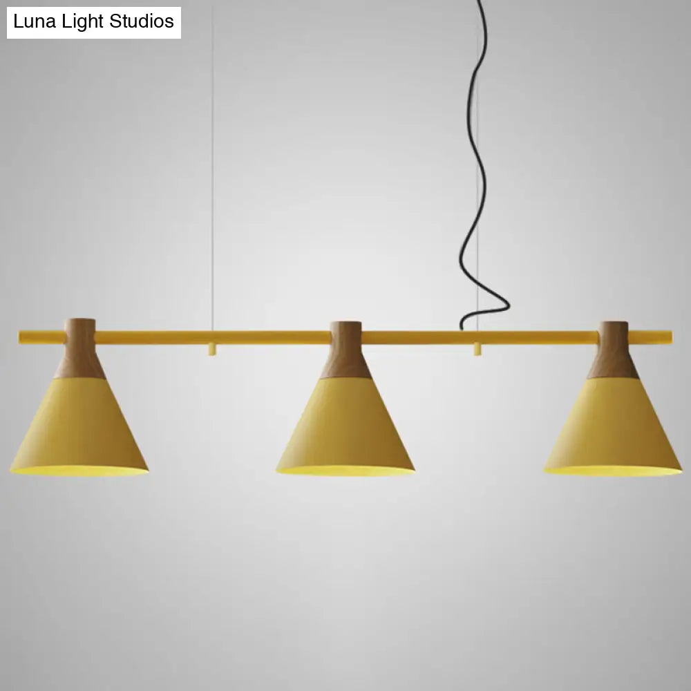 Nordic Style Adjustable Hanging Pendant Light With 3 Conical Metal Shades In Wood Yellow