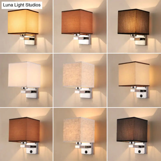 Nordic Style Beige Cube Wall Light - 1 Head Fabric Mounted Fixture For Bedroom
