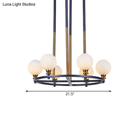 Nordic Style Black-Gold Globe Ceiling Chandelier With Frosted Glass Drop Pendant - 6/8 Lights Ring