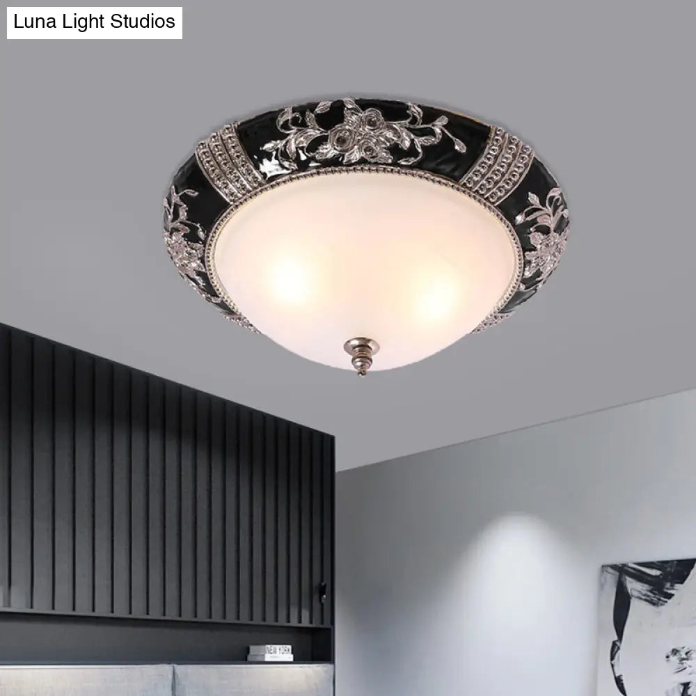 Nordic Style Carved Rose Ceiling Flush Mount - Black Finish 3 Lights Dome White Glass Shade