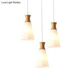 Nordic Style Conic Pendant Lamp With Ribbed Glass And Wood Hangings - 3 Lights White Linear/Round