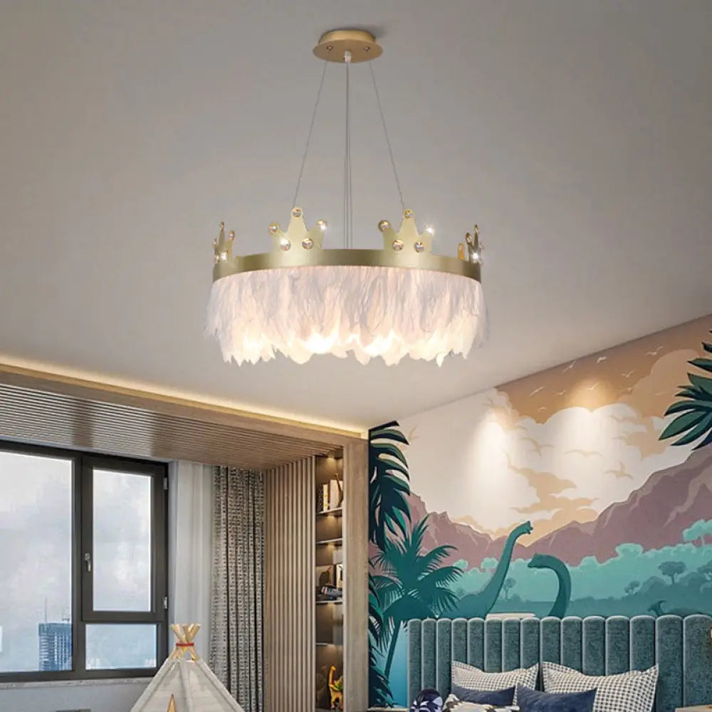 Nordic Style Feather Chandelier: Crown Shaped 2-Light Kit For Girls’ Room Gold / 14’