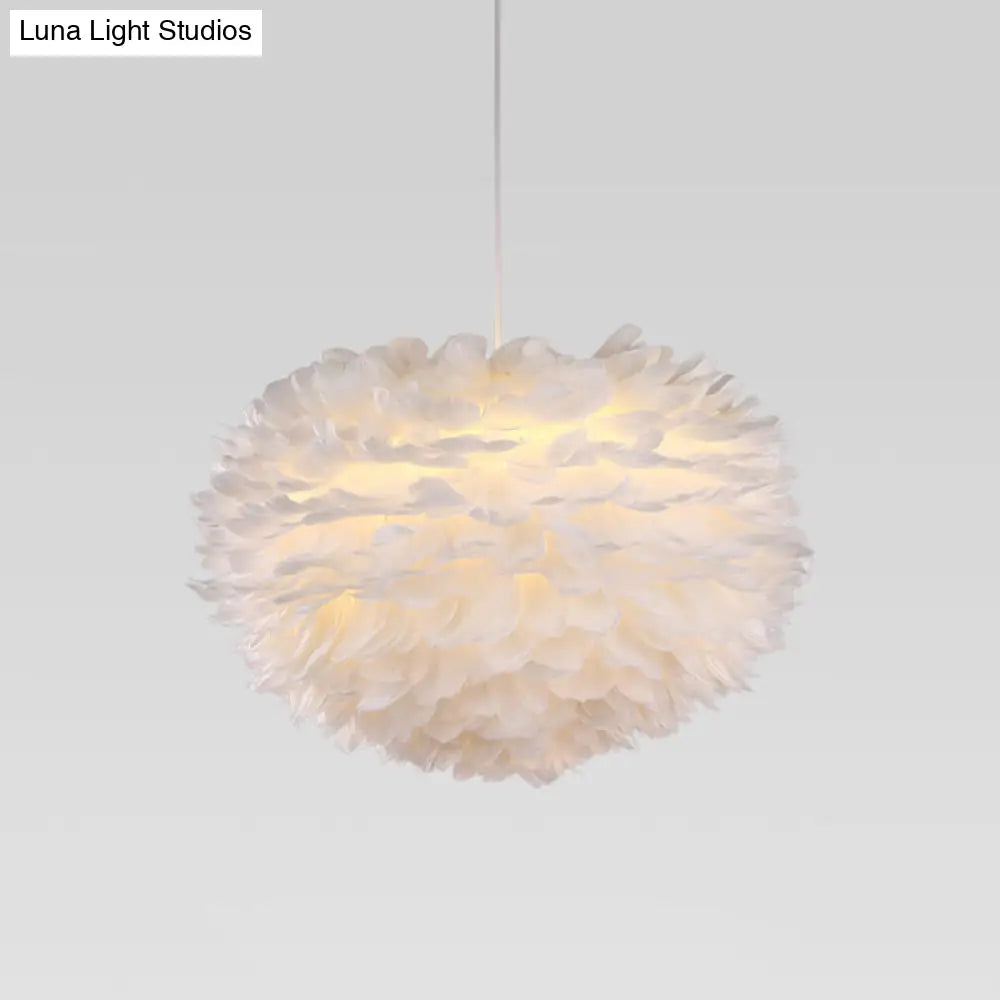 Nordic Style White Feather Chandelier Globe Shaped Hanging Lighting Fixture