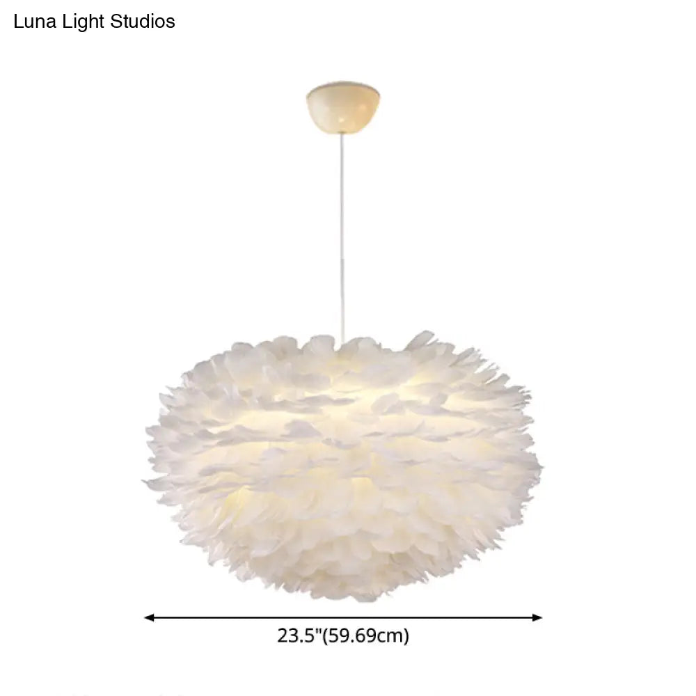 Nordic Style White Feather Chandelier Globe Shaped Hanging Lighting Fixture