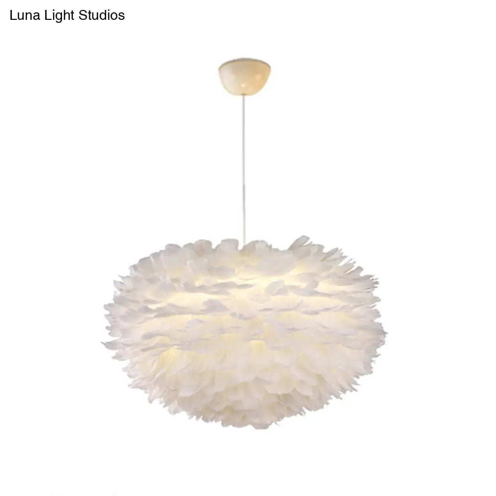 Nordic Style White Feather Chandelier Globe Shaped Hanging Lighting Fixture / 23.5