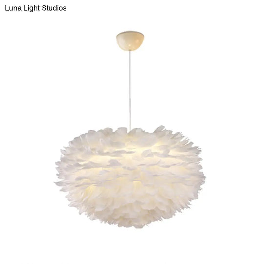 Nordic Style White Feather Chandelier Globe Shaped Hanging Lighting Fixture / 23.5