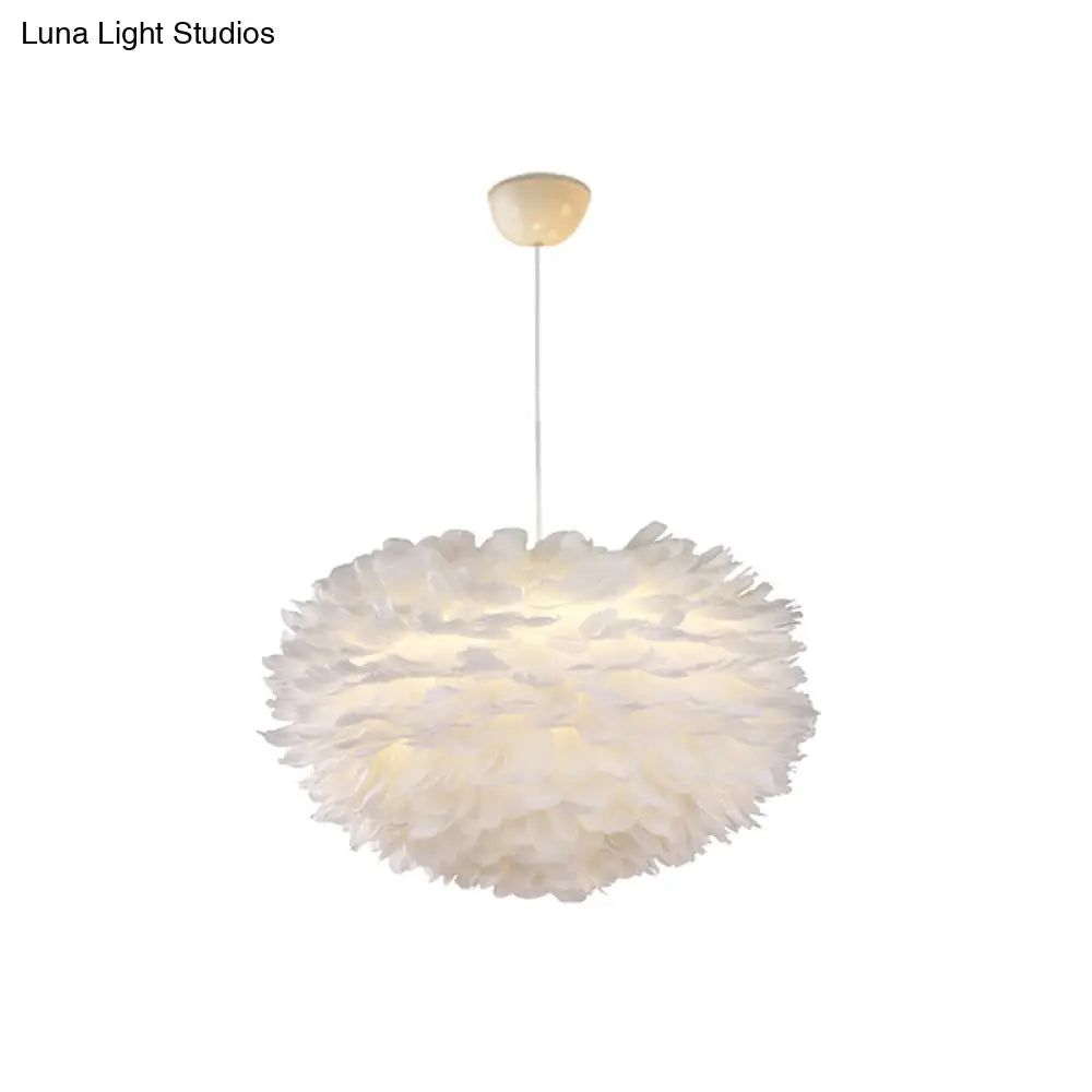 Nordic Style White Feather Chandelier Globe Shaped Hanging Lighting Fixture / 19.5
