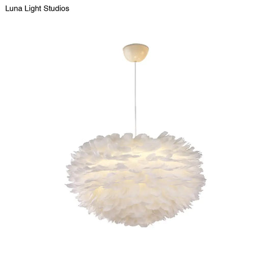 Nordic Style White Feather Chandelier Globe Shaped Hanging Lighting Fixture / 19.5